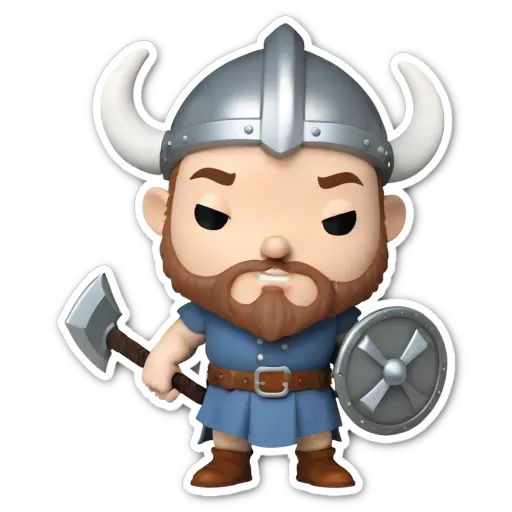 A sticker of a Viking with an axe and shield.