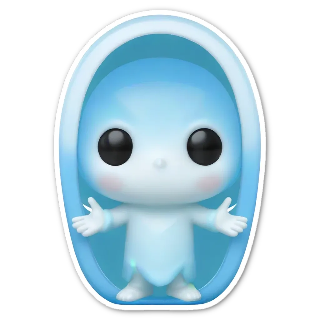 A sticker of a baby doll in bath water with a blue and white face.