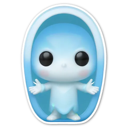 A sticker of a baby doll in bath water with a blue and white face.