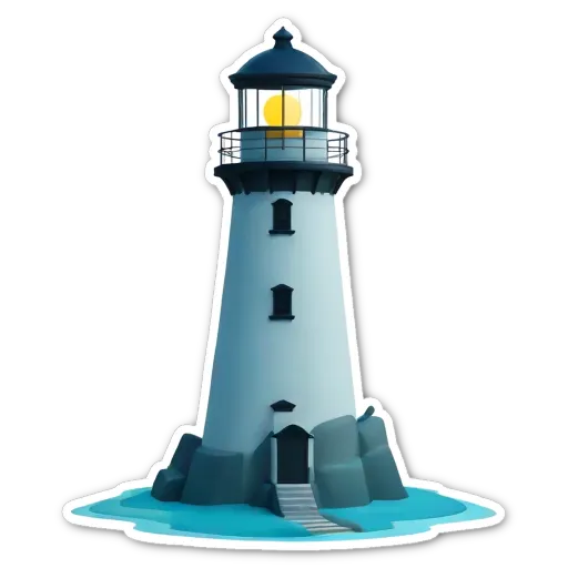 A sticker of a lighthouse that is gray and white.