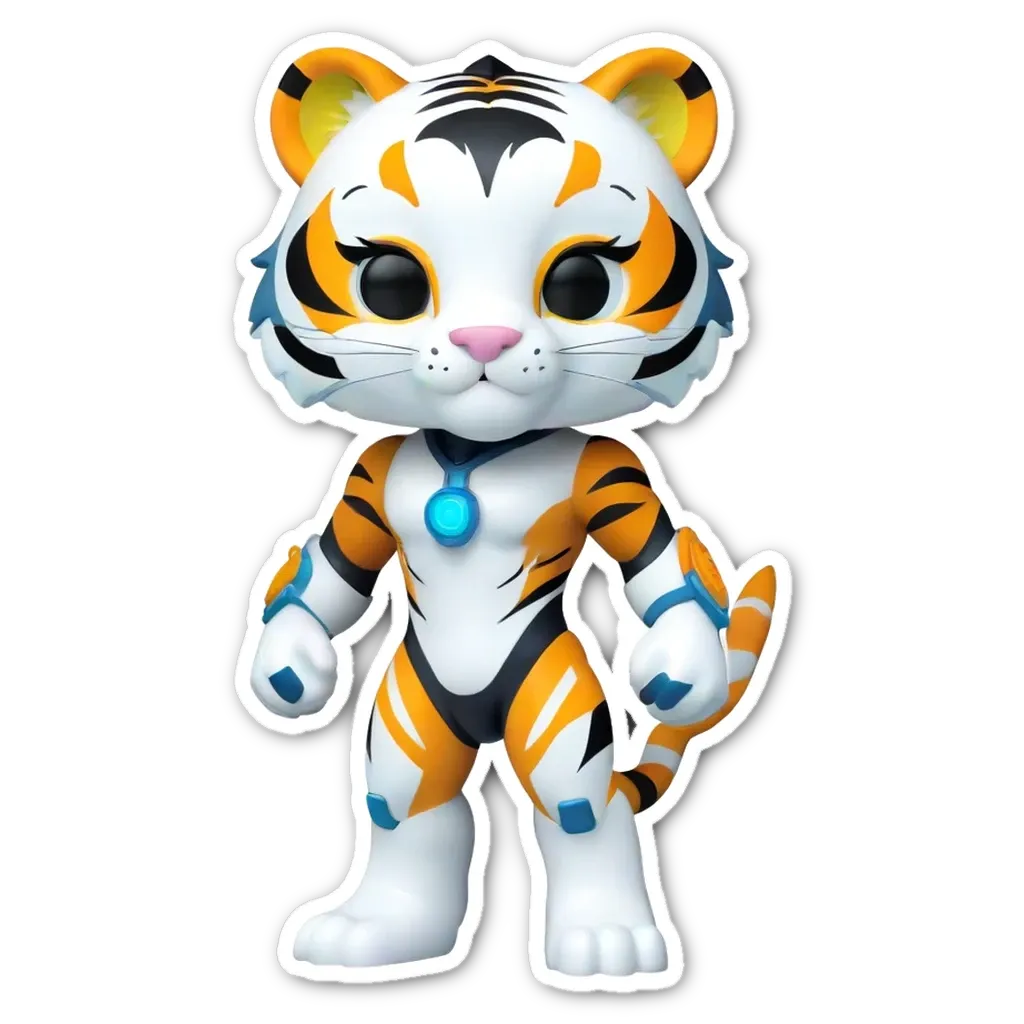 A sticker of a tiger with blue eyes and yellow paws.