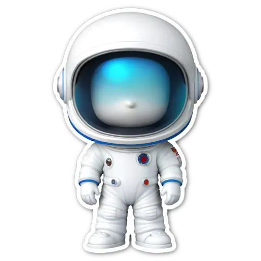 A sticker of a space suit that is color white, blue and red.