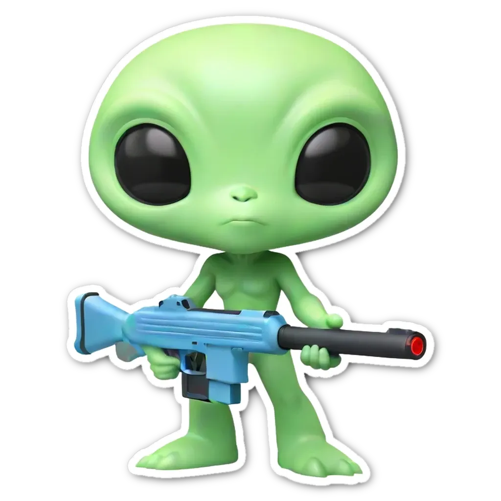 A green figure with a gun is holding the figure with an alien body.