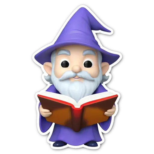 A small purple character reads a book.