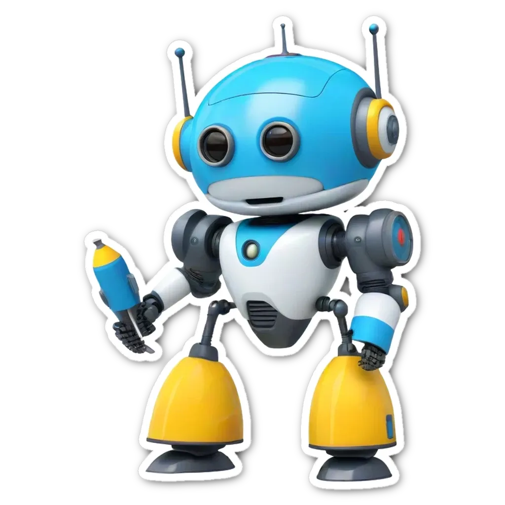 A robot with blue eyes and a yellow body holding a pencil.