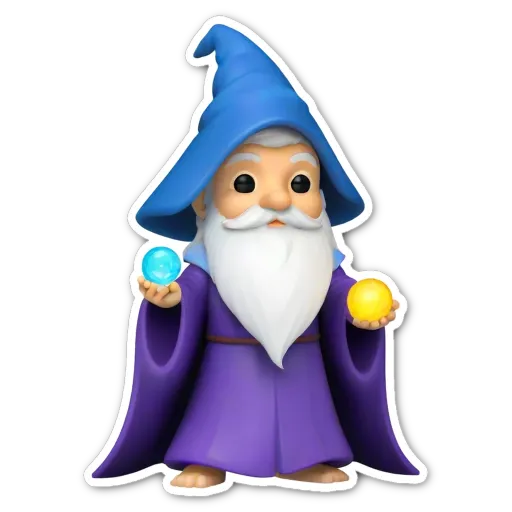 A purple and blue wizard playing with two balls.