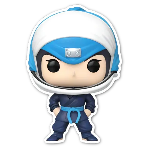 A colorful figure wearing a helmet and a black belt with a blue and white design.