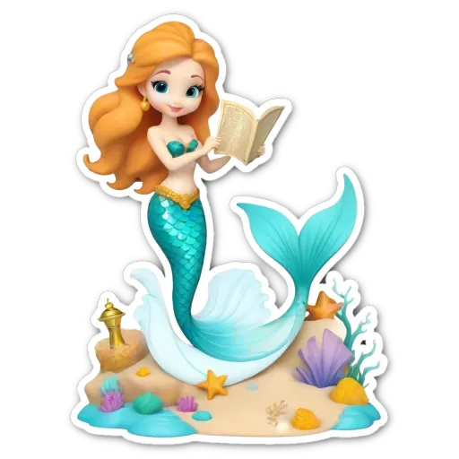 A mermaid reading a book with a colorful cover.
