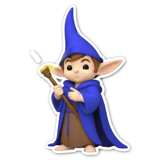 A blue cartoon character with a staff holding a brush.