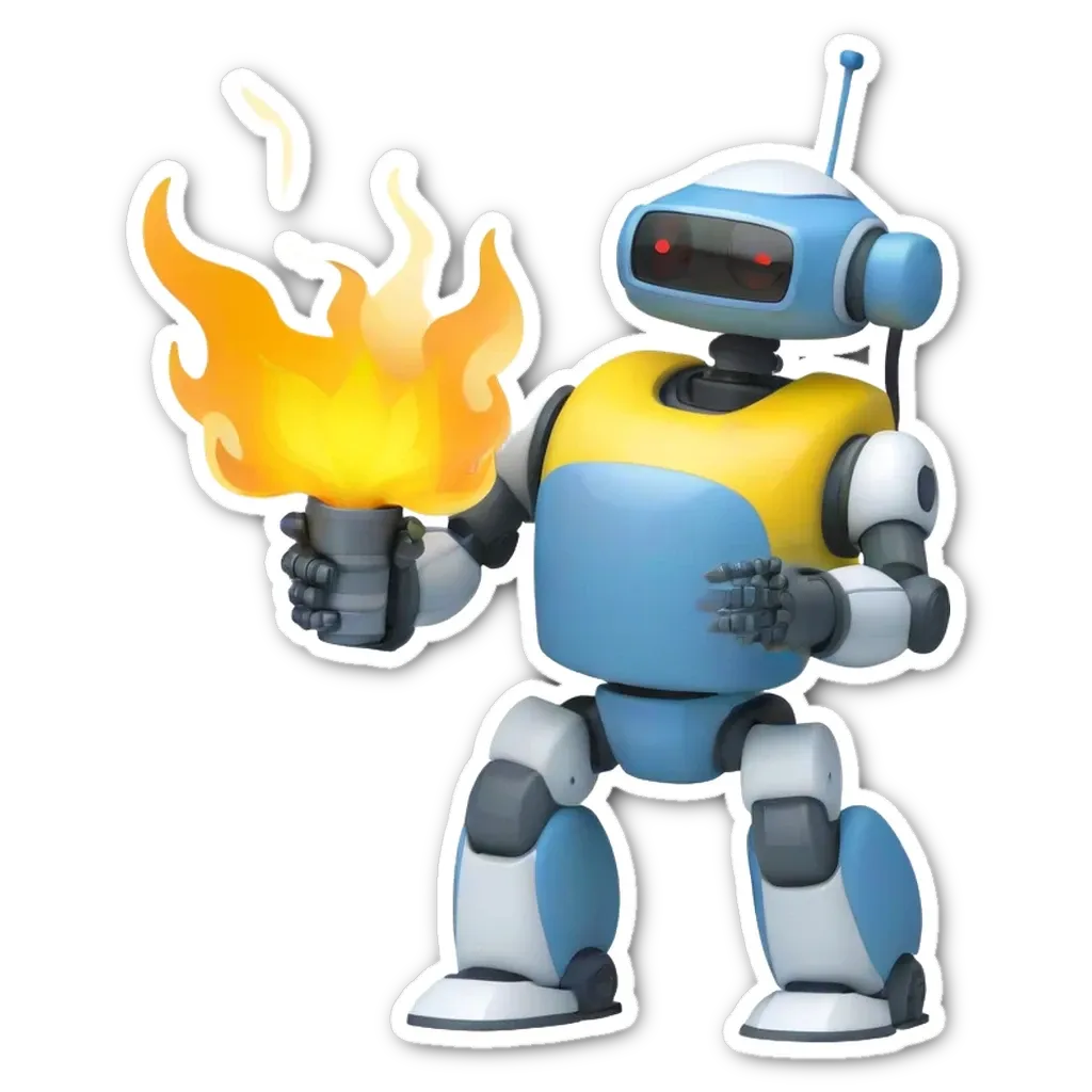 A robot holding a torch that is on fire.