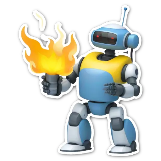 A robot holding a torch that is on fire.