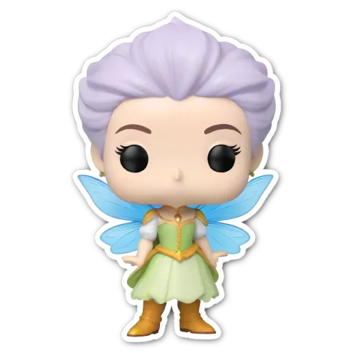 A sticker of a pop figure with blue wings who is wearing a green dress.