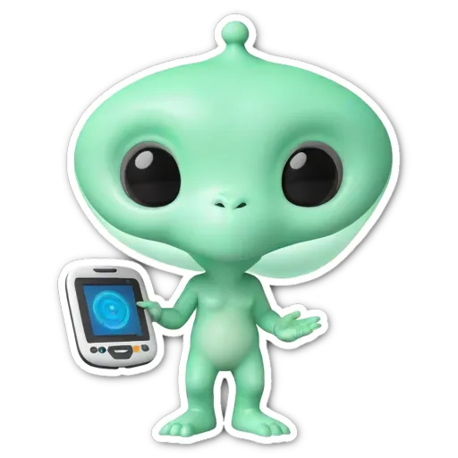 A green alien holding a cell phone in front of a black background.