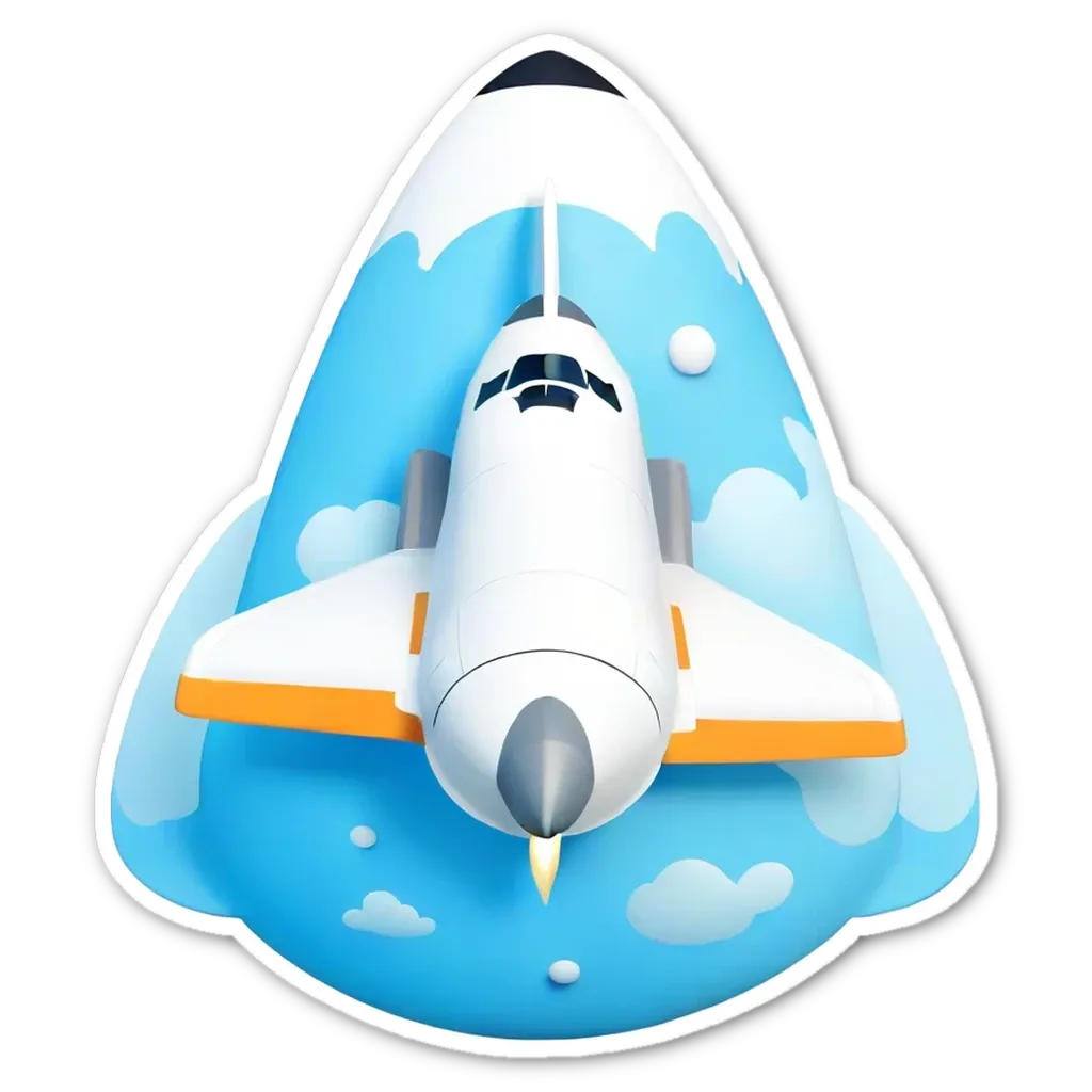 A sticker of a space shuttle with clouds below it.