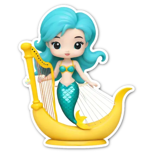 A blue and green mermaid playing the harp is shown on a yellow boat.