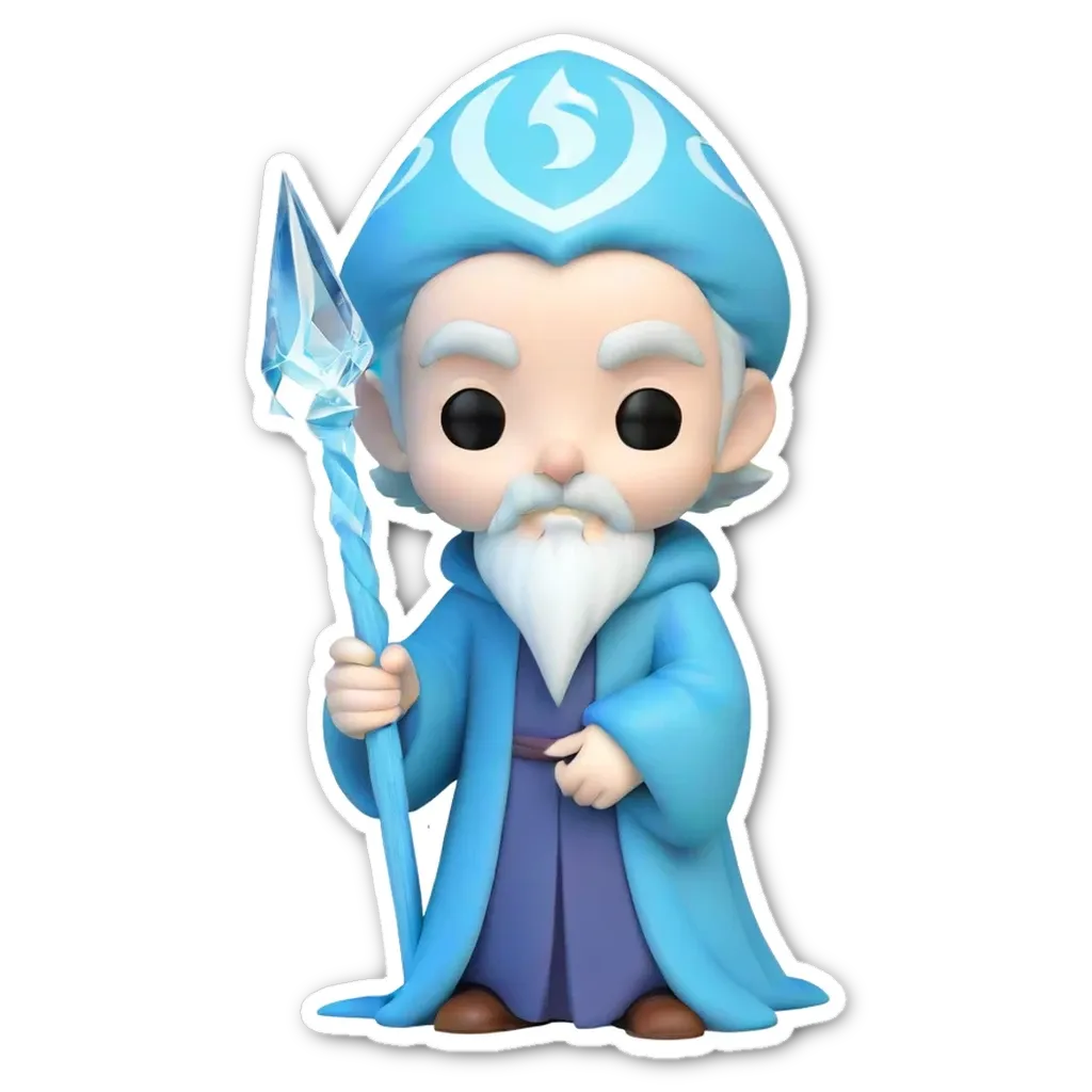 A cartoonish drawing of an old man with a blue robe and holding a blue staff.