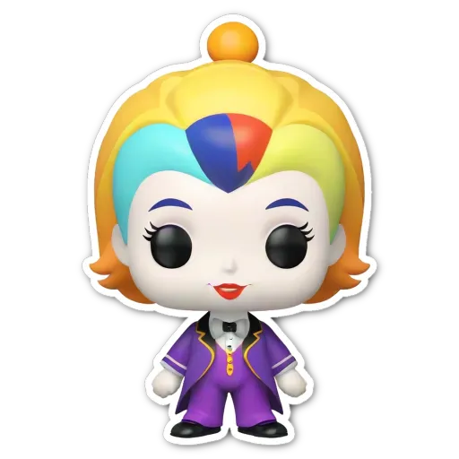 A colorful woman in a purple dress is standing up straight.