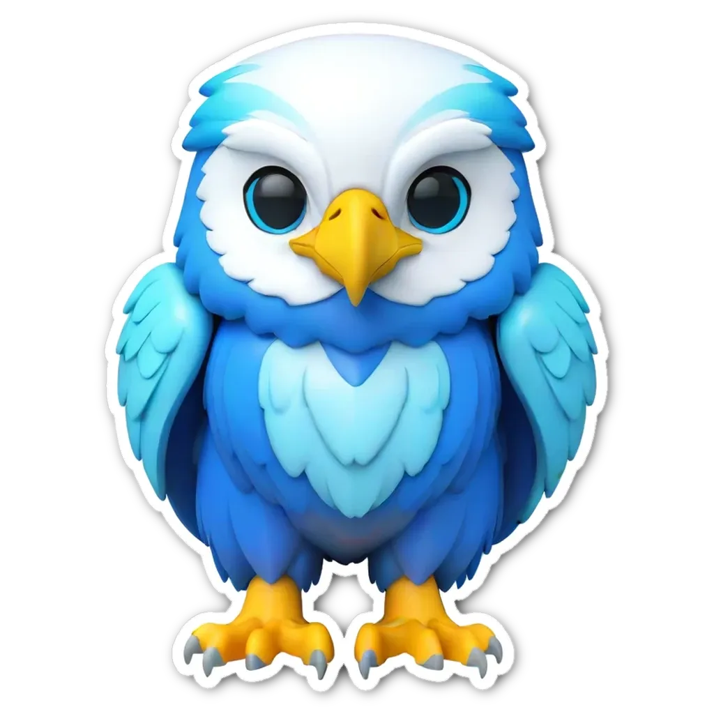 A blue and white cartoon owl sticker is on a black background.