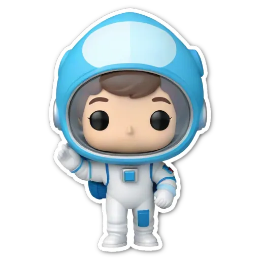 A plastic space man with blue helmet holding two pop figures.