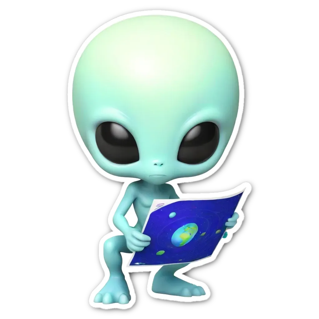 A sticker of a green alien reading a book with a map.