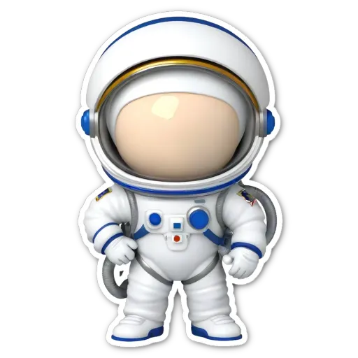 A space man that is blue and white in a b in front of a black background.