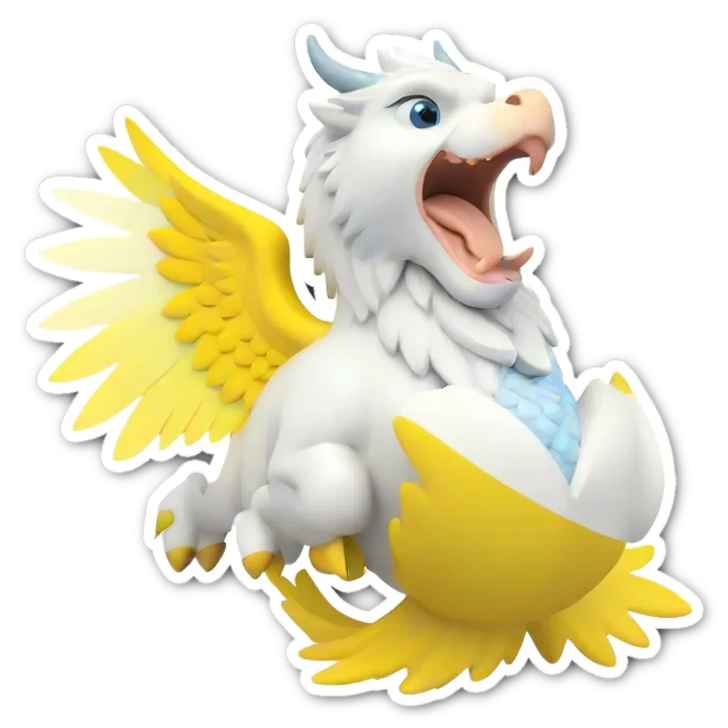 A white dragon with yellow wings biting into a yellow egg.