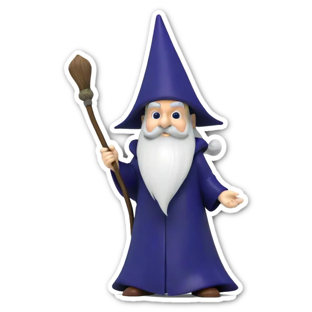 A sticker of a wizard with a broom.