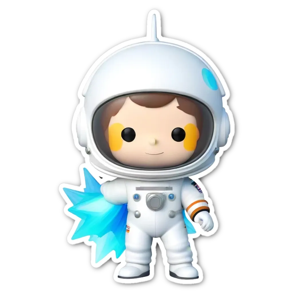 A small plastic toy person in a space suit with a blue streamer in their hair.