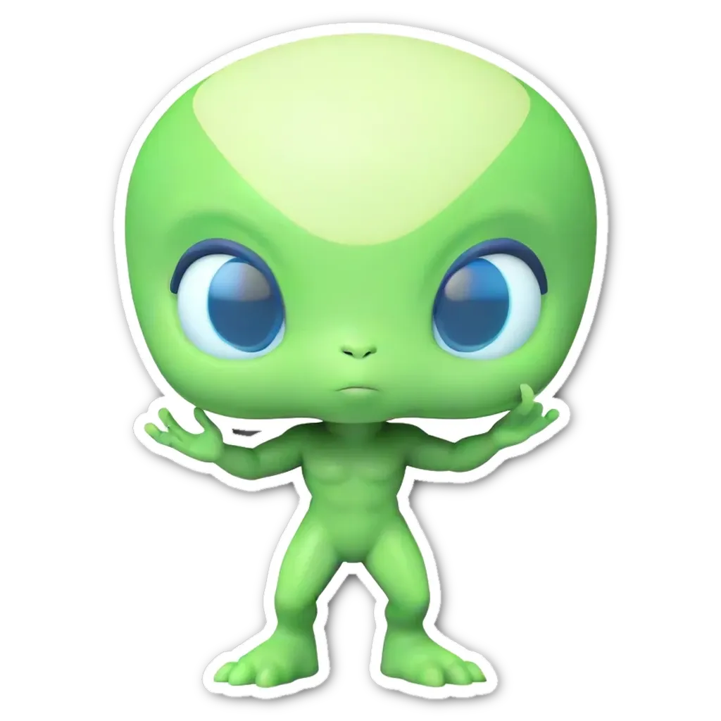 A green figure with blue eyes standing with its hands on its hips.