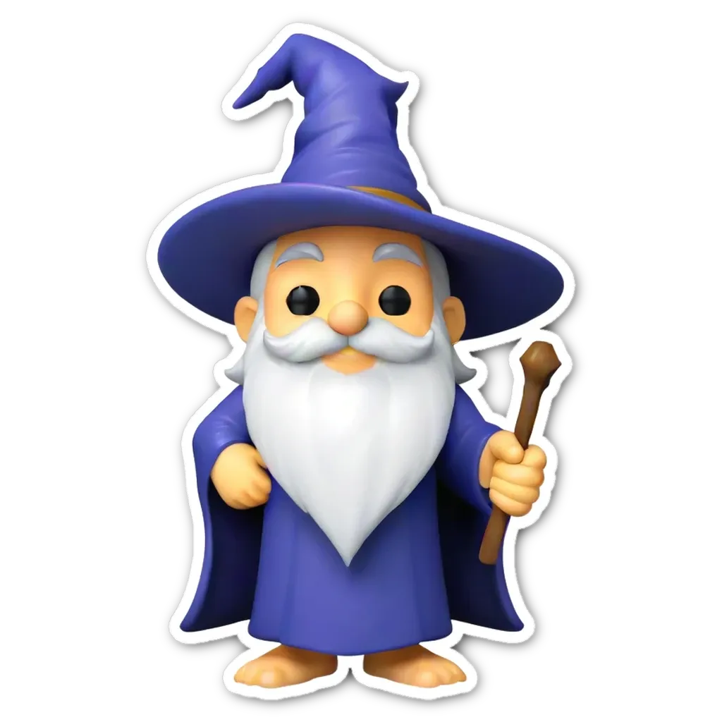 A pop figure of a wizard with a blue robe and holding a staff.