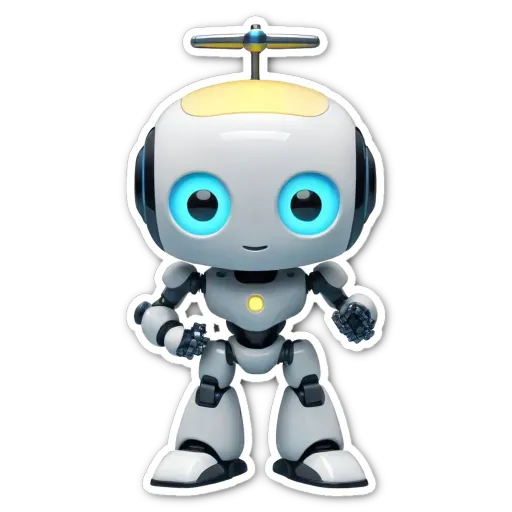 A robot that is white with blue eyes is standing on a black background.