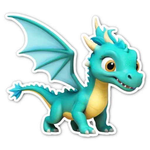 A green and blue dragon sticker is smiling.