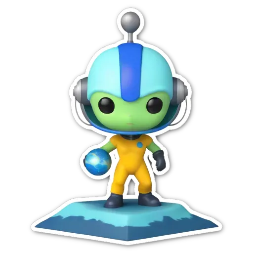 A sticker of a green alien with a ball and Earth with a figure head.