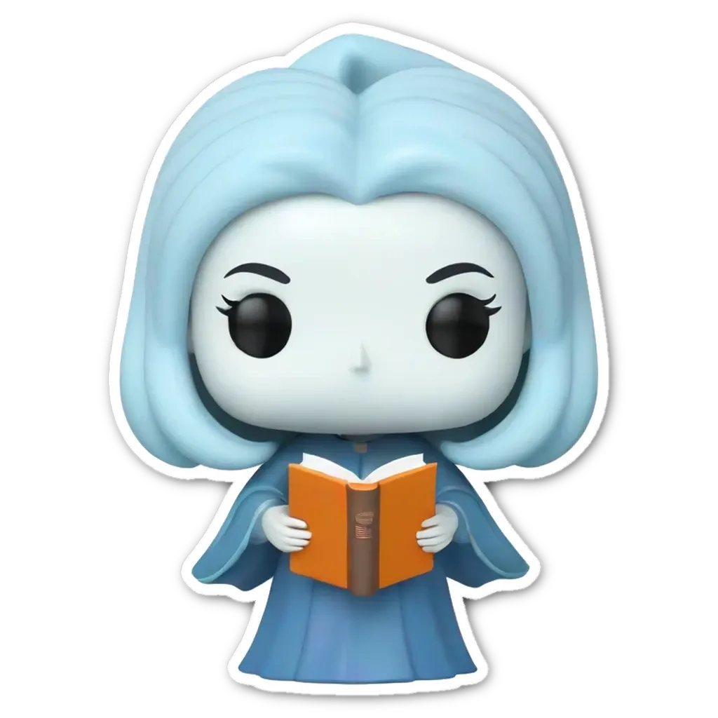 A white and blue figure is reading a book.