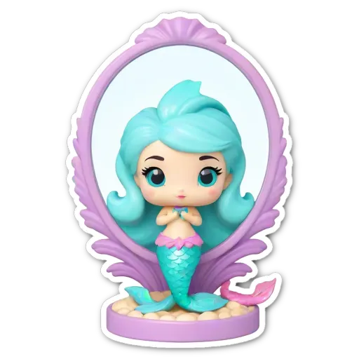 A small blue and white toy in a mirror that is a mermaid.