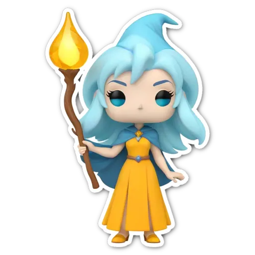 A pop figure of a woman with a golden dress and a blue umbrella is holding a staff.