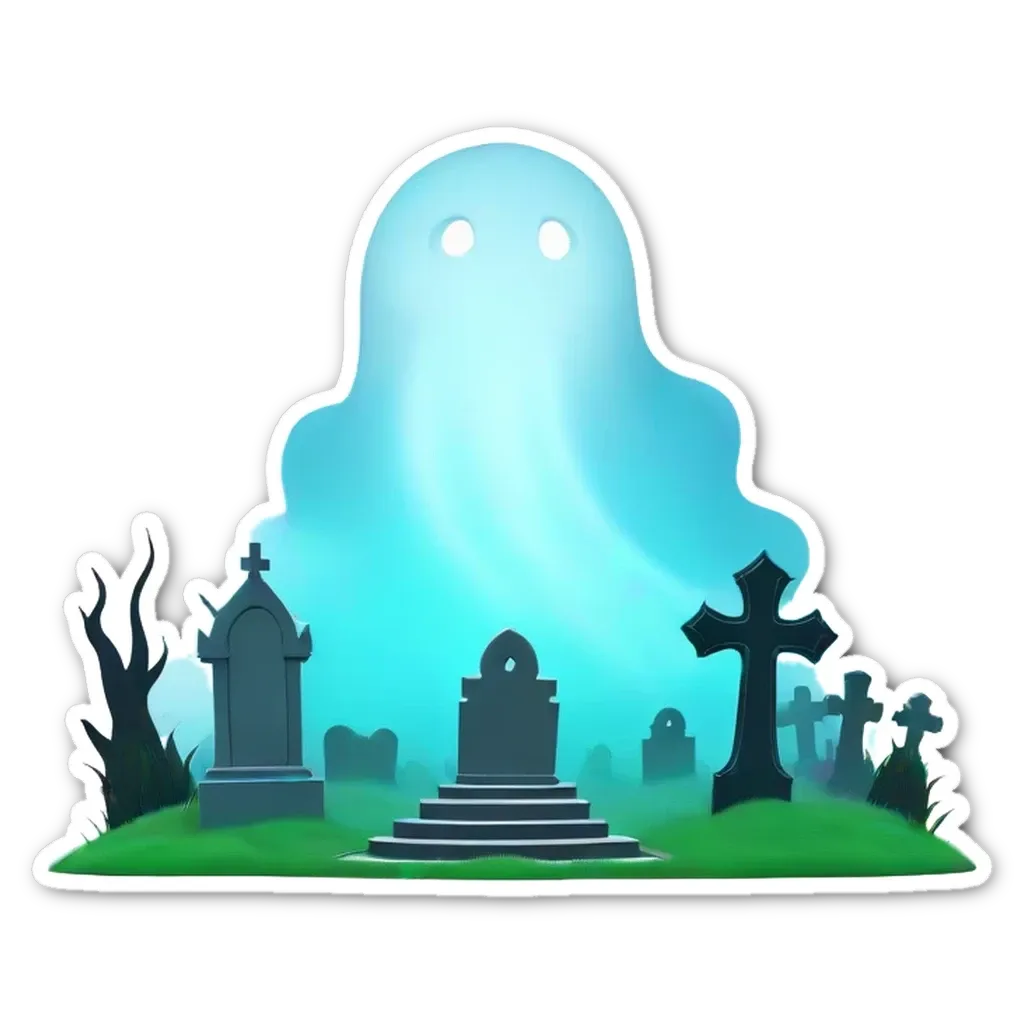 A ghost is standing in front of a cemetery with a cross.