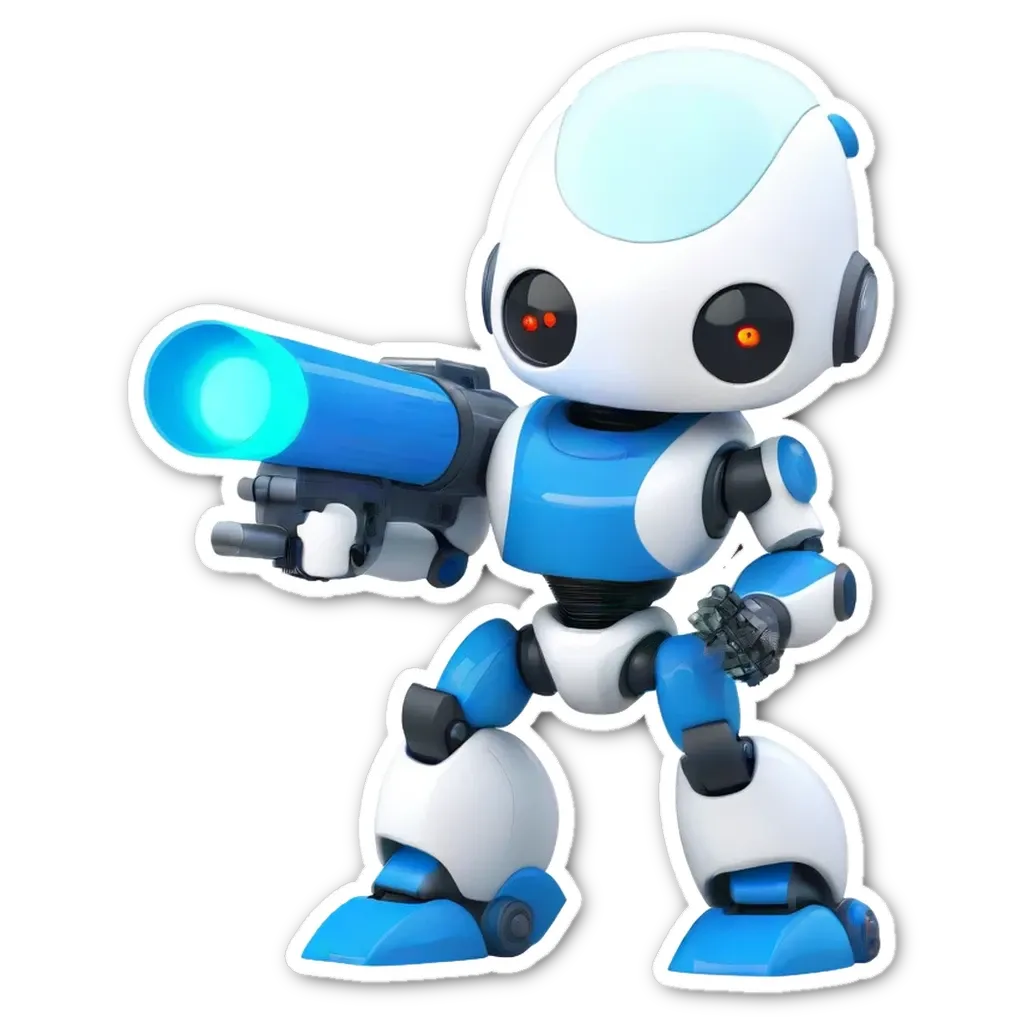 A blue and white robot with red eyes stands on a black background.