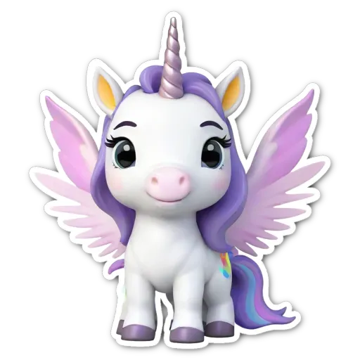 A purple unicorn with rainbow winged feet standing on a black background.