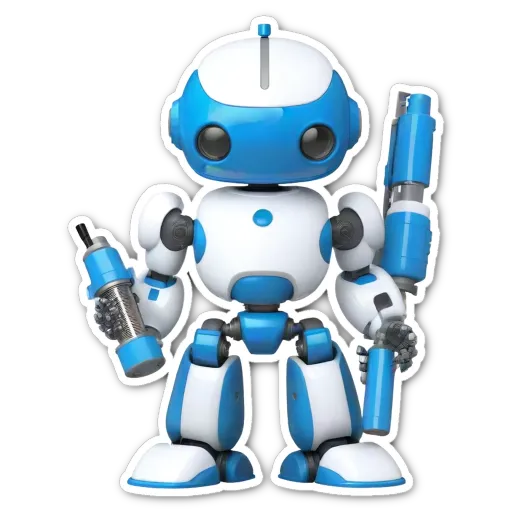 A blue and white robot holding a syringe is shown.