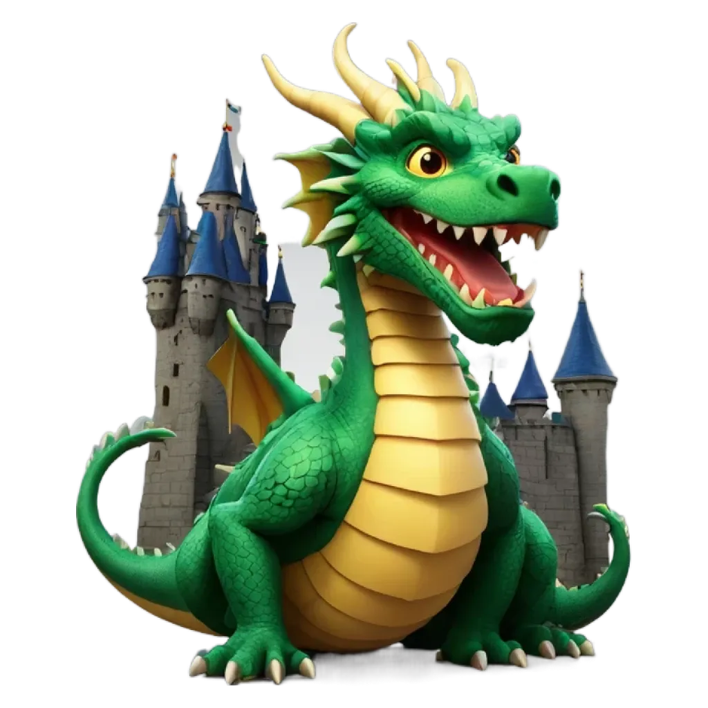 A green and yellow dragon sitting in front of a castle.