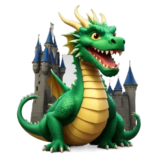 A green and yellow dragon sitting in front of a castle.