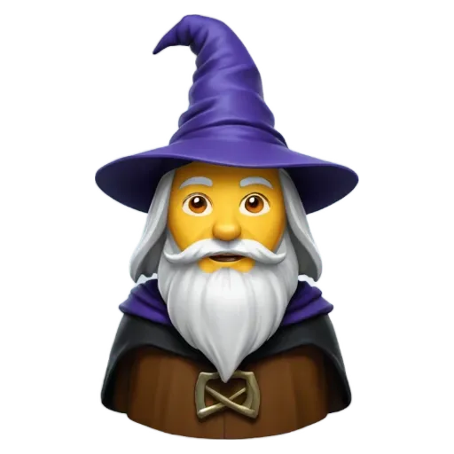 An image of an apple with a purple hat that is a wizard.