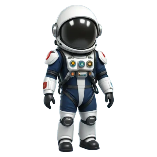 A blue and white space suit that is used as a character.