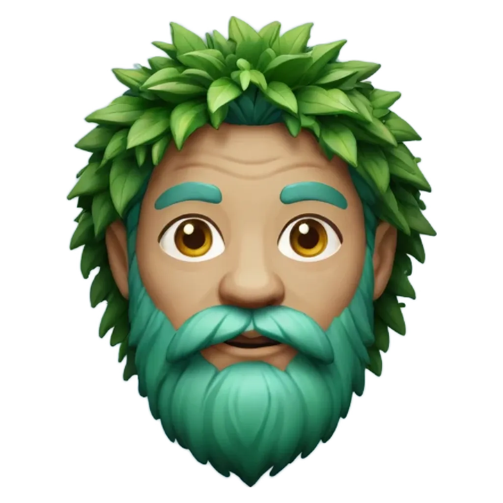 Face of a man with a green beard and green eyes.