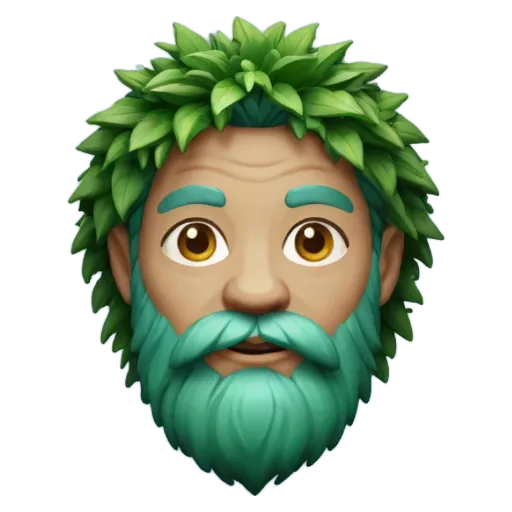 Face of a man with a green beard and green eyes.