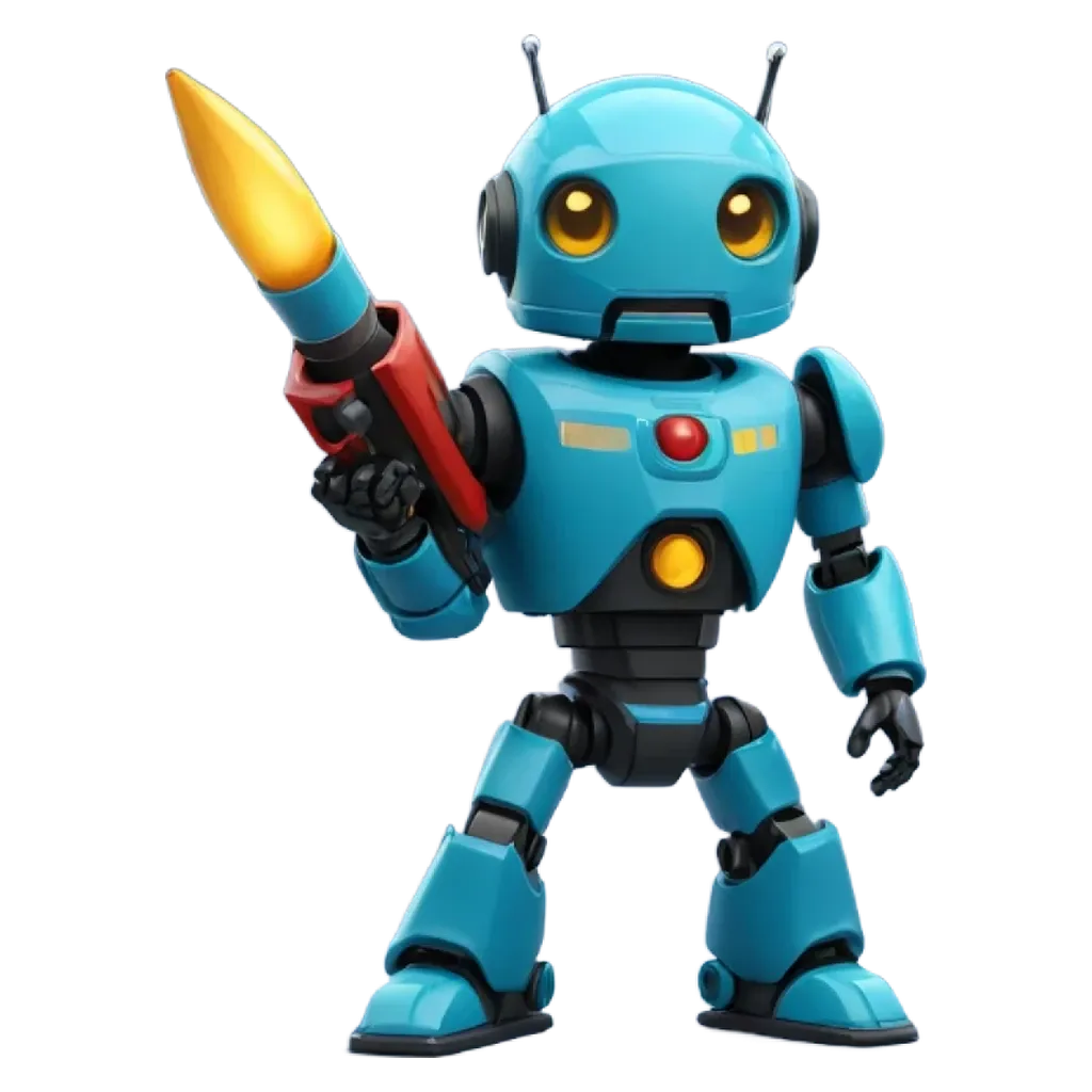 A blue robot with a red and blue gun.