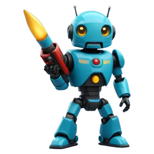 A blue robot with a red and blue gun.