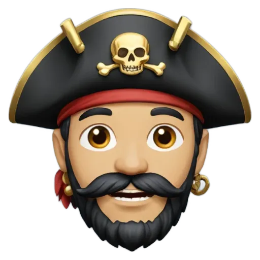 A pirate face with a skull and crossbones flag.