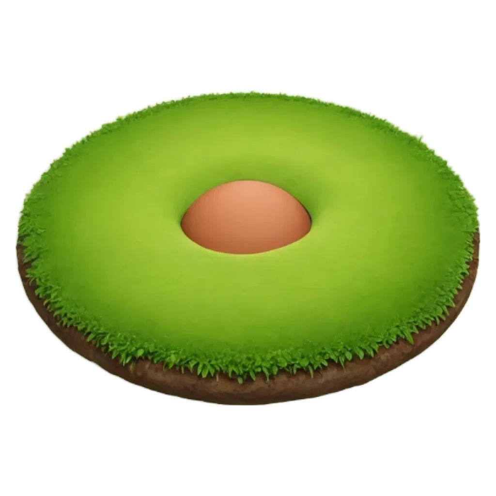 A green donut hole in a field of grass.